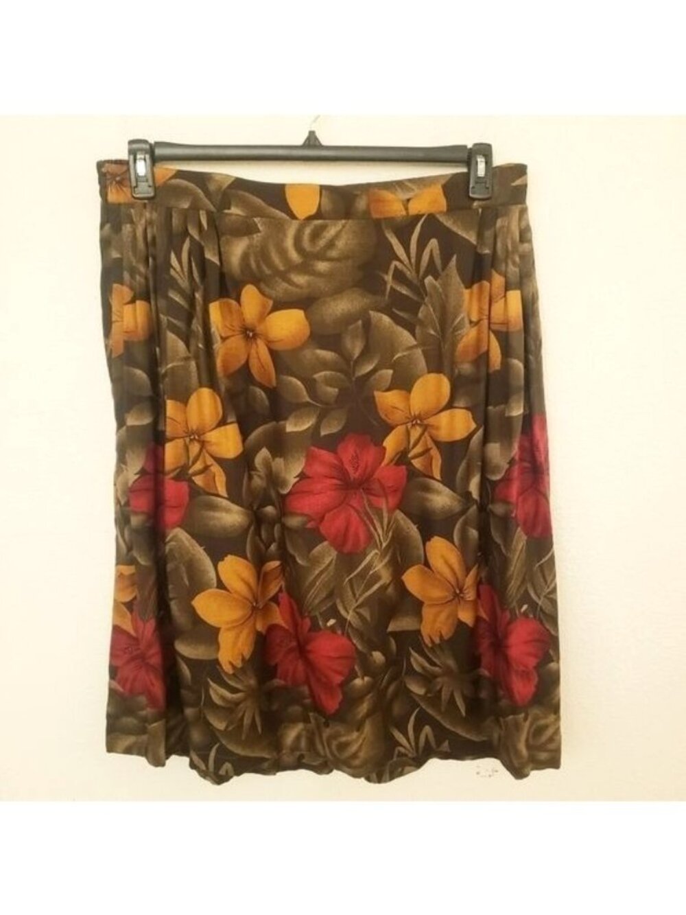 Vintage Rena Rowan Classic Dark Floral Pleated Rayon Midi Skirt Pockets 22W EUC